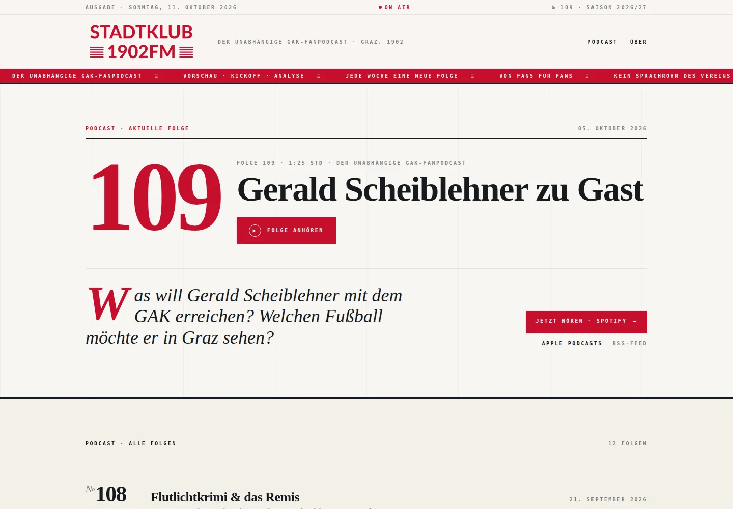Startseite von Stadtklub 1902 FM mit der aktuellen Podcastfolge